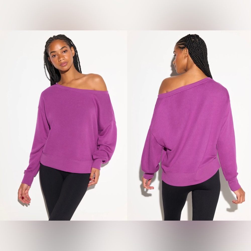 Spiritual Gangster La Vida Off Shoulder Sweatshirt, Electric Amethyst, NEW